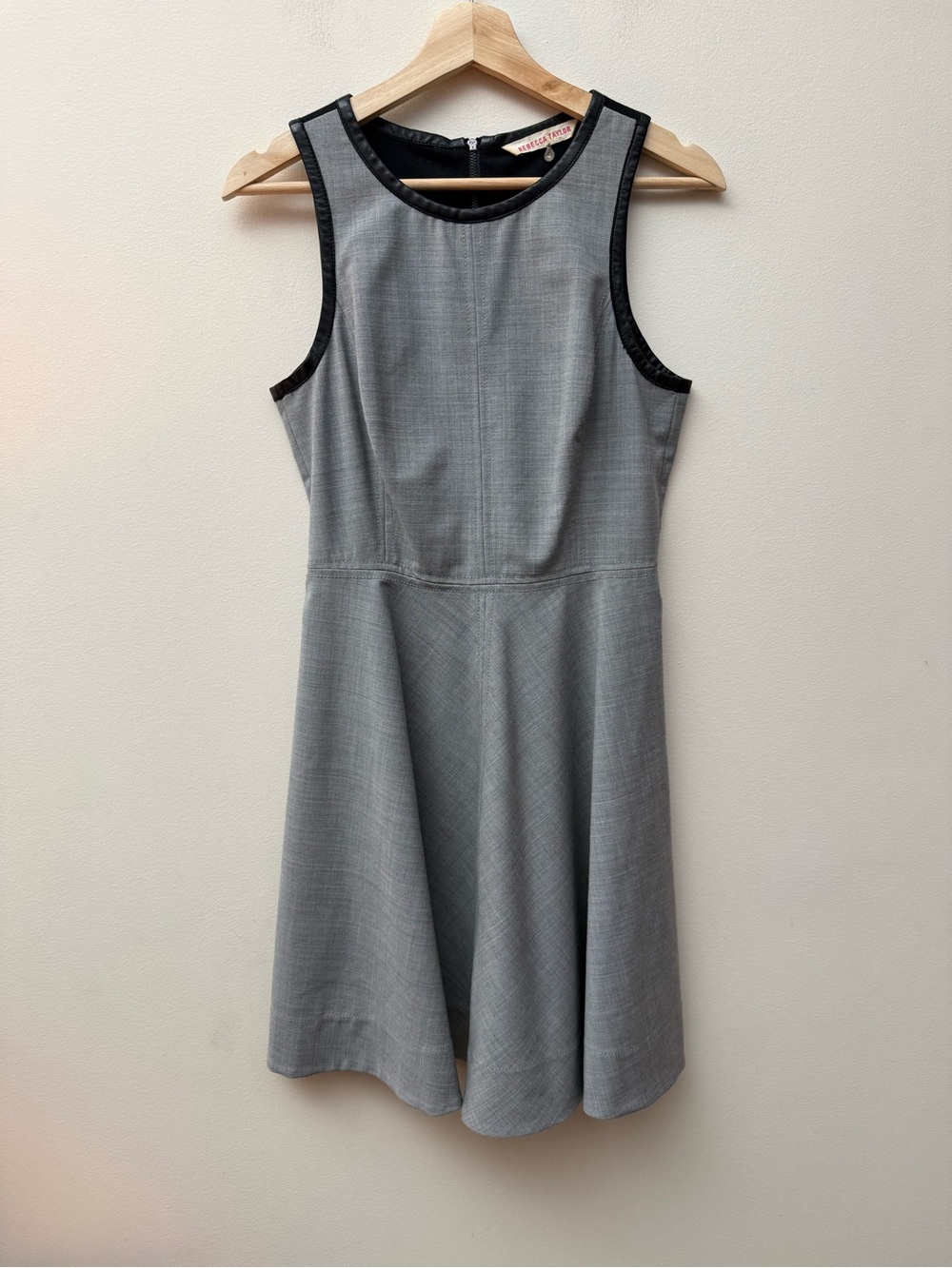 Rebecca Taylor Wool-Blend Gray Sleeveless Fit-and-Flare Dress with Black Trim